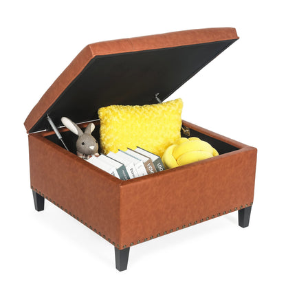 Homebeez Faux Leather Storage Ottoman Bench, Square Coffee Table Footstool Footrest with Wood Legs for Living Room (Cognac Brown)
