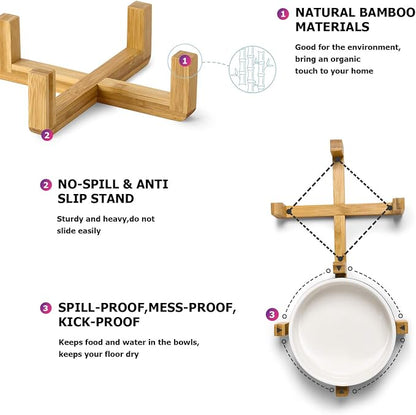 Y YHY Ceramic Pet Feeder, 24oz Dog & Cat Bowls with Wooden Stand, Modern Double Bowls Set - Dishwasher Safe