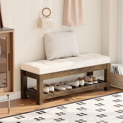 Welfuturer Large Upholstered Ottoman Bench Entryway Storage Benches Tufted Linen Ottoman Bench with Wood Shelf Padded End of Bed Bench for Bedroom Living Room Hallway Decor