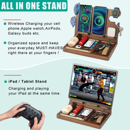 Xunhomon Wood Phone Docking Station Nightstand Organizer for Men 27W 2 Phone Wireless Charging Station with 4 Wireless Charger Stand for iPhone Apple Watch AirPod Mens Birthday Gift Ideas Key Holder