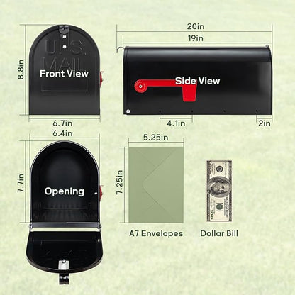 RAINHOL Black Metal Mailboxes for Outside Post Mount, Standard Mail Box, Galvanized Steel Heavy Duty Mailbox, Medium Capacity, 19 x 8.7 x 6.7 inches