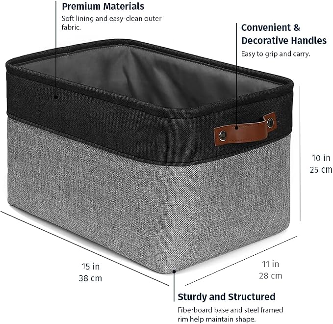 OrganiHaus 15x11in Canvas Storage Baskets 3 Pack | LARGE Fabric Bins for Shelves | Closet & Bedroom Storage | Gray/Black