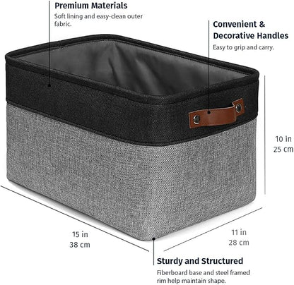OrganiHaus 15x11in Canvas Storage Baskets 3 Pack | LARGE Fabric Bins for Shelves | Closet & Bedroom Storage | Gray/Black