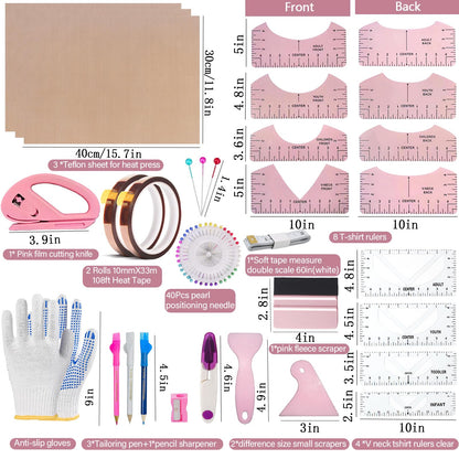 QUKLOGEN Sublimation Shirts Tool Kits Shirt Measure Ruler Set Reusable Round Neck and V Neck Alignment T Shirt Guide Ruler Teflon Sheet for Heat Press 12 x 16in Heat Resistant Tape
