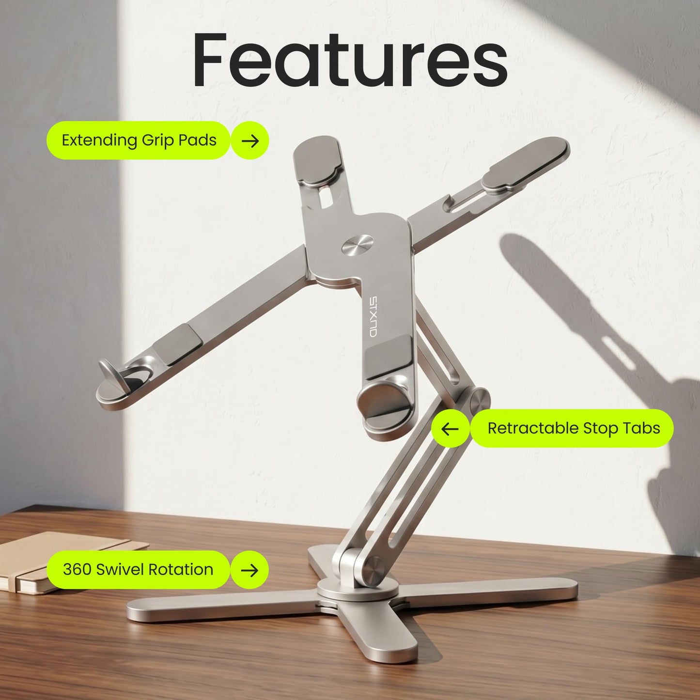 STXND Model-X 2.0 Laptop Stand, Laptop Stand for Desk Adjustable Height, 360 Rotating Laptop Riser Aluminum Portable Foldable Computer Stand for MacBook Pro Air 10–17 inches (Polar White)
