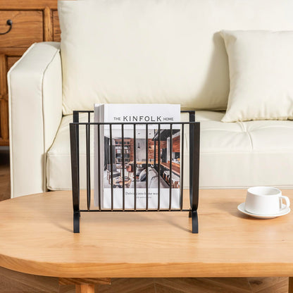 MyGift Matte Black Metal Magazine Rack, Deluxe Mid Century Wire Magazine Rack, Tabletop or Floor Standing Sling Basket for Magazines and Newspapers