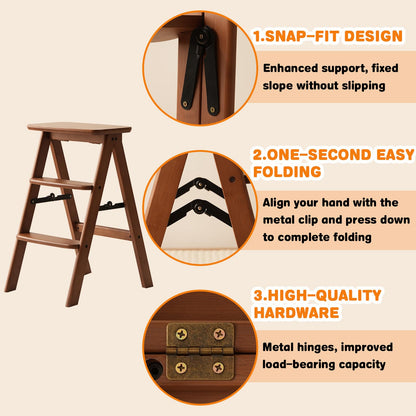 Baveke 3 Step Ladder Folding Step Stool, Wooden Step Stool Foldable, Folding Step Stools for Adults, Bamboo Kitchen Ladder, Three Stepladder for Library (Brown, FSC-Certified Bamboo)