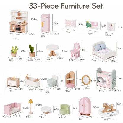 Giant bean 33PCS Wooden Dollhouse Furniture Set for Kids, Modern Pink Doll House Furniture Accessories with Bedroom, Nursery, Kitchen, Bathroom,Living Room, Montessori Pretend Play Toys for Girls 3+