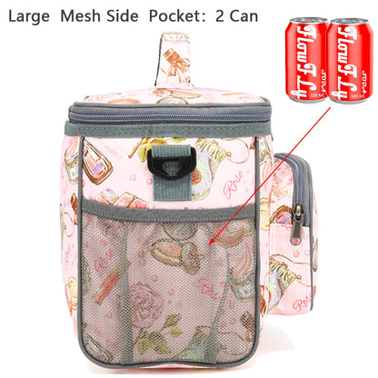 FlowFly Insulated Reusable Lunch Bag Adult Large Lunch Box for Women and Men with Adjustable Shoulder Strap,Front Zipper Pocket and Dual Large Mesh Side Pockets,Rose