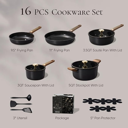 CAROTE Ceramic Cookware Set Nonstick, 16pcs Pots and Pans Set Nonstick, Non-Toxic & PFAS-Free, Dishwasher, RV/Camping Cookware Set, Cooking Pots with Lids, Charcoal Black