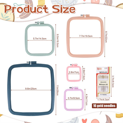 Yuanan 5 Pack 5 Sizes Square Embroidery Hoop, Plastic Embroidery Hoops Cross Stitch Hoops Reusable Embroiderys Hoop for Sewing, Needlework, DIY Projects-2.9"/4.3"/6.5"/7.7"/11"