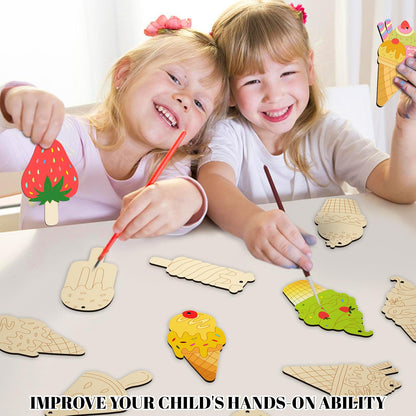Subacy 80 PCS Unfinished Wood Cutouts 8 Styles DIY Wooden Spring Ornaments, Wooden Art Craft Painting Kit for Kids, Birthday Easter Creativity Arts & Crafts, Ice Cream Shape