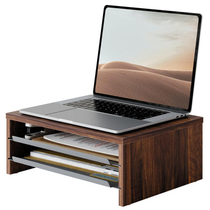 Fenge Monitor Stand, 3-Tier Monitor Riser with Slide-Out Tray, Wooden and Metal Desktop Organizer for Home Office, Computer, Laptop, Printer, Telephone