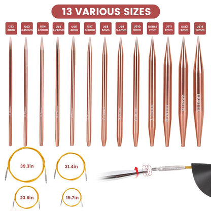 liomey Interchangeable Circular Knitting Needles Set - 13 Pairs (3mm-10mm) with 4 Flexible Cables, Aluminum Needle, Ergonomic Design for Beginners and Advanced Knitters, Rose Gold
