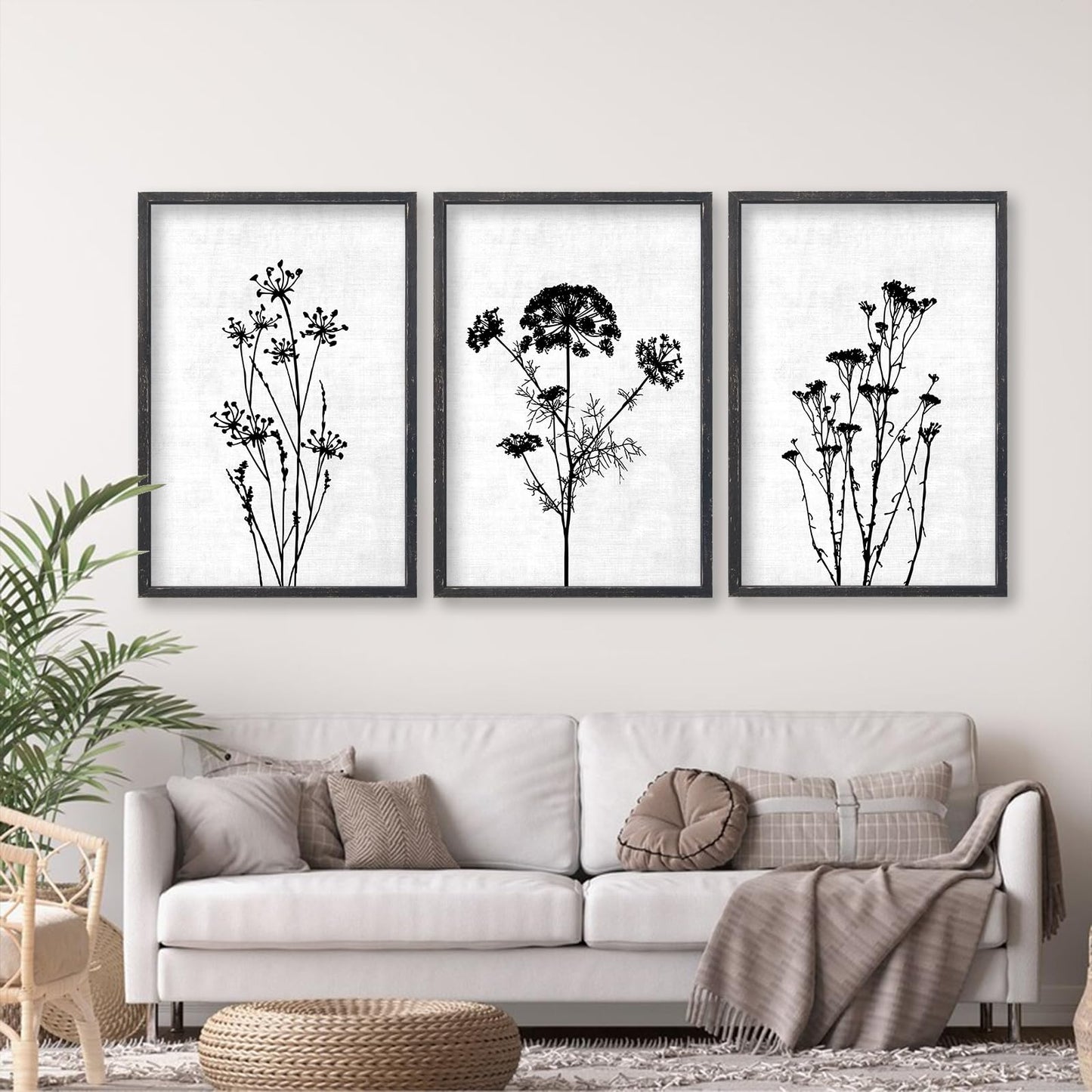 Flower Plant Wall Art Decor 16"x11" Set of 3 Black And White Botanical Painting Wood Framed For Minimalist Bedroom Office Rustic Living Room Abstract Wildflower Sign Hanging (Black)