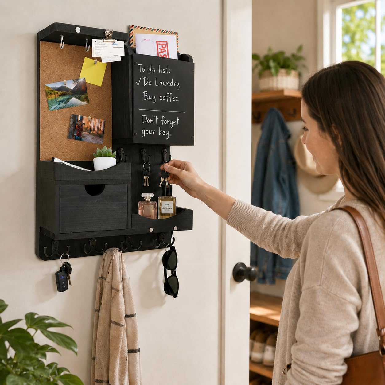 HEKOOLA Key Holder Wall Mount, Mail Organizer Key Holder for Wall with Shelf, Drawer, Chalkboard, Corkboard, Home Decor Mounted for Room Entryway (Black)