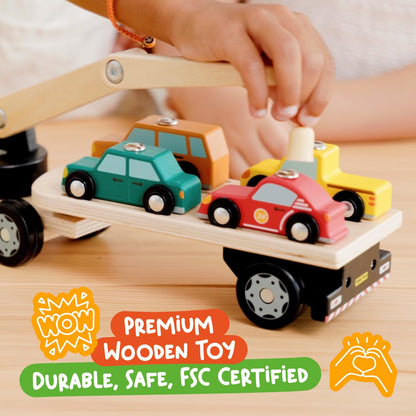Nene Toys Magnetic Car Loader with 4 Cars and 1 Semi-Trailer Wooden Truck for Kids 2+ Year Old - Interactive Crane Wooden Toy - Vehicle Toys for Boys Girls - Educational Toy for Toddlers Ages 2+