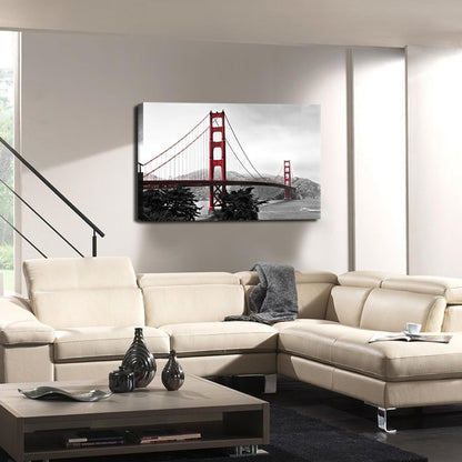 LevvArts Golden Gate Bridge Canvas Wall Art San Francisco Bridge Picture Painting Modern Black and White Red Home Wall Decoration -24"x 36"