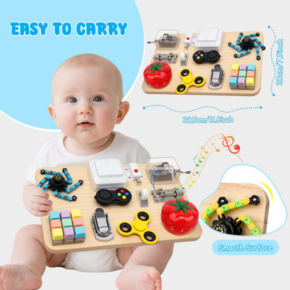 Wooden Busy Board Fidget Pad for Kids Adults, Musical Fidget Spinner for Stress Relief, 11 in 1 Sensory Fidget Toys for Travel, Preschool Learning Activities Fine Moto