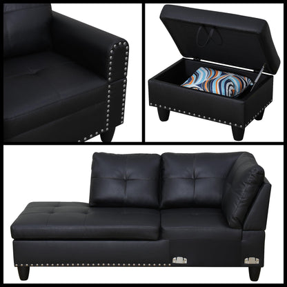 Trygoal L-Shaped Sectional Sofa with Movable Chaise & Storage Ottoman, Leather 3-Piece Modular Convertible Couches for Living Room, Apartment & Office, Black