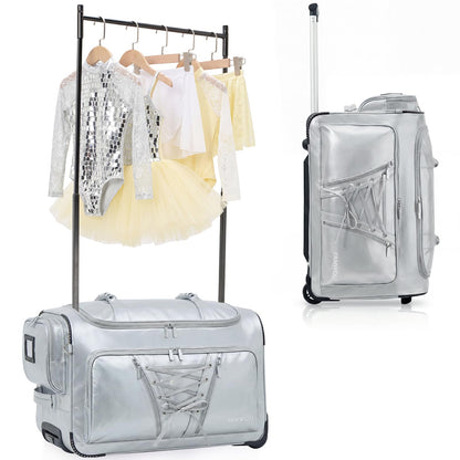 Fanwoli 23" Dance Bag with Garment Rack | Luminous Poise Collection | Waterproof Lustrous Satin Fabric | Competition Travel Duffel Luggage for Cheer, Skating, Gymnastics & Sleepover | Moonlight Silver