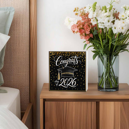 Gold Black Graduation Cap Wood Box Sign Desk Decor, Class of 2026 Academic Modern Decorative Wooden Block Box Sign Decorations for Home Office Shelf Table Decor 6x6 Inches