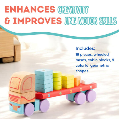 CUBIKA Wooden Geometric Shapes Truck– Montessori Toy for Toddlers Ages 3+– Shape Sorter and Stacking Truck Building Toy– FSC-Certified Wood, German Water-Based Paints, Travel-Friendly