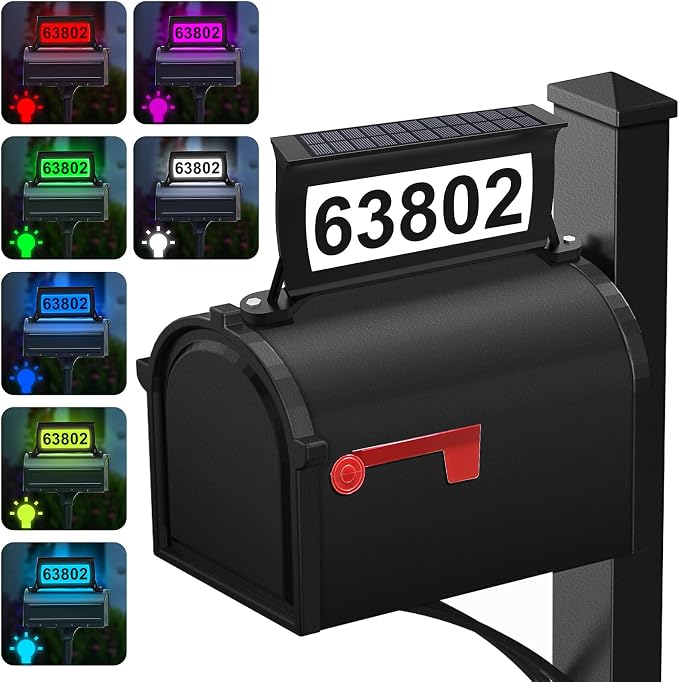 Solar Address Sign for Mailbox, RGB & Cool White & Color Changing Solar Mailbox Light, Double-Side Lighted Mailbox Topper, House Numbers for Outside (No-Drilling Option Available)