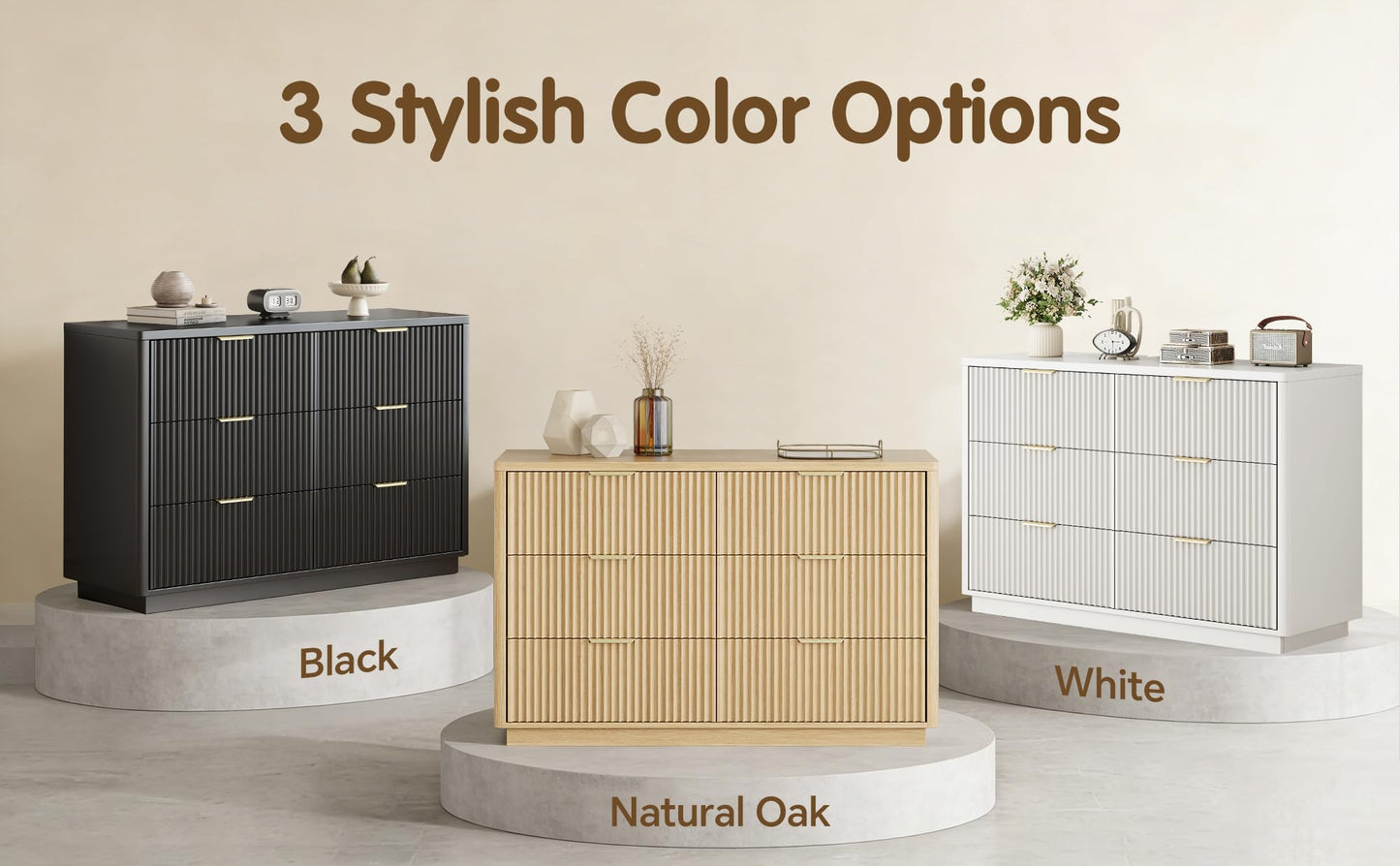 Ball & Cast Fluted Dresser for Bedroom with 6 Drawers,47" W Modern Chest of Drawers with Metal Handles,Wood Dresser TV Stand,Closet Dresser Drawers Organizer for Living Room,Hallway,Natural Oak