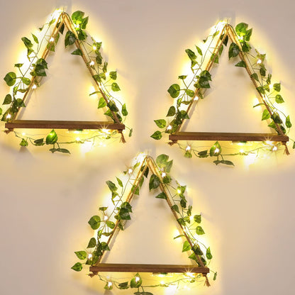 Amyhill 3 Set Artificial Ivy LED Floating Plant Shelves Wood Hanging Dorm Wall Decor Leaves and Light Strip Hanging Shelves for Bedroom Living Room Nature Wall Decoration