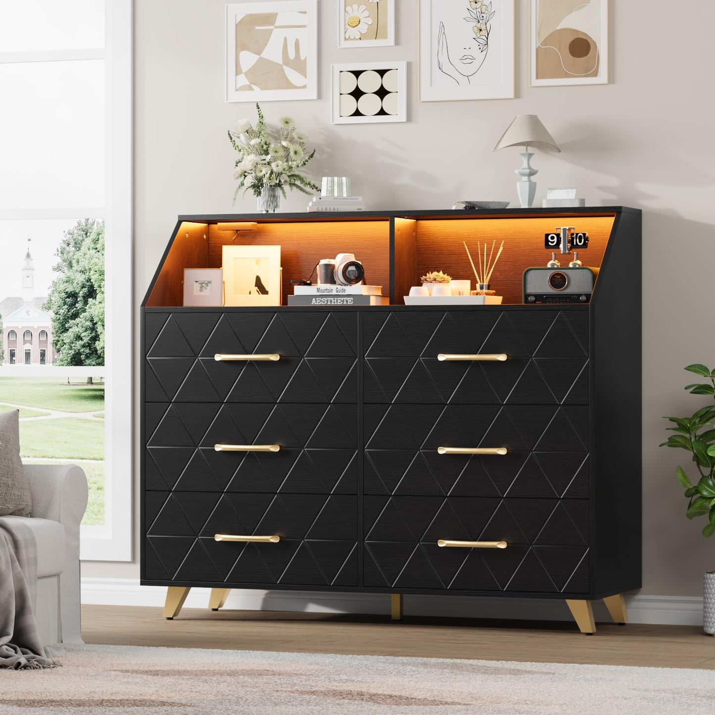 GarveeLife Modern 6 Drawer Dresser with LED Lights & Charging Station - Spacious Wooden Storage Cabinet - Sturdy Metal Legs - Ideal for Bedroom, Living Room, Hallway, Entryway - Color: Black