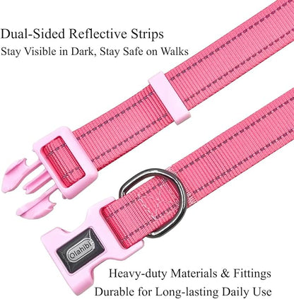 Dog Collar Leash Set, Durable Polyester with Safety Reflective Strips, 5 ft Matching Leash, Neoprene Padded Handle, Adjustable 4 Sizes for Small Medium Large Dogs.(S, Pink)