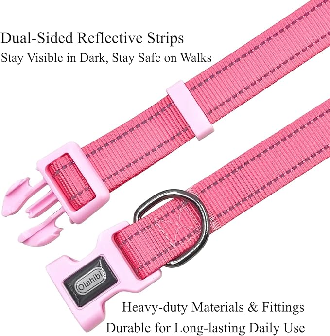 Dog Collar Leash Set, Durable Polyester with Safety Reflective Strips, 5 ft Matching Leash, Neoprene Padded Handle, Adjustable 4 Sizes for Small Medium Large Dogs.(M, Pink)