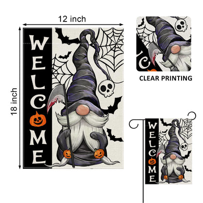 Covido Welcome Halloween Gnome Decorative Garden Flag, Spooky Jack O Lantern Pumpkin Skull Spider Web Bat Yard Outside Decorations, Funny Holiday Burlap Outdoor Small Home Decor Double Sided 12 x 18