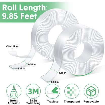 Thenshop 20 Rolls Double Sided Tape Heavy Duty 0.59 in + 1.18 in Total 98.5 ft Two Sided Adhesive Tape Transparent DIY Nano Tape for Wall Carpet Photo Car Posters Party Decoration