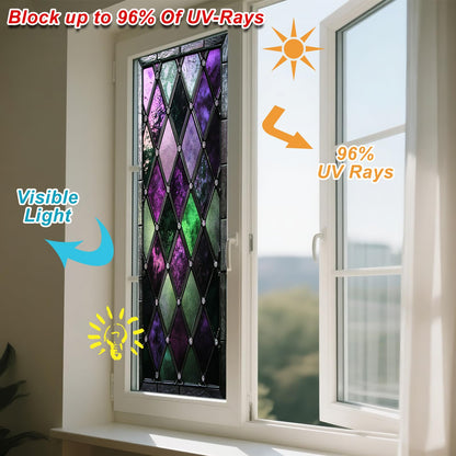 IVN Privacy Window Film Stained Glass Window Cling Purple and Green Diamond Design Decorative Static Cling Window Sticker for Bathroom Kitchen Entry Door 17.7 x 39.3 Inch