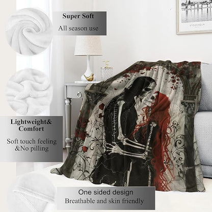 Gothic Romance Skull Lovers Blanket,Red Rose Skeleton Throw Blankets,Gifts for Women Men, Lightweight Soft Fleece Cozy,for Sofa Couch Bed Room Travel,Festival Halloween Goth Decor,40x50in