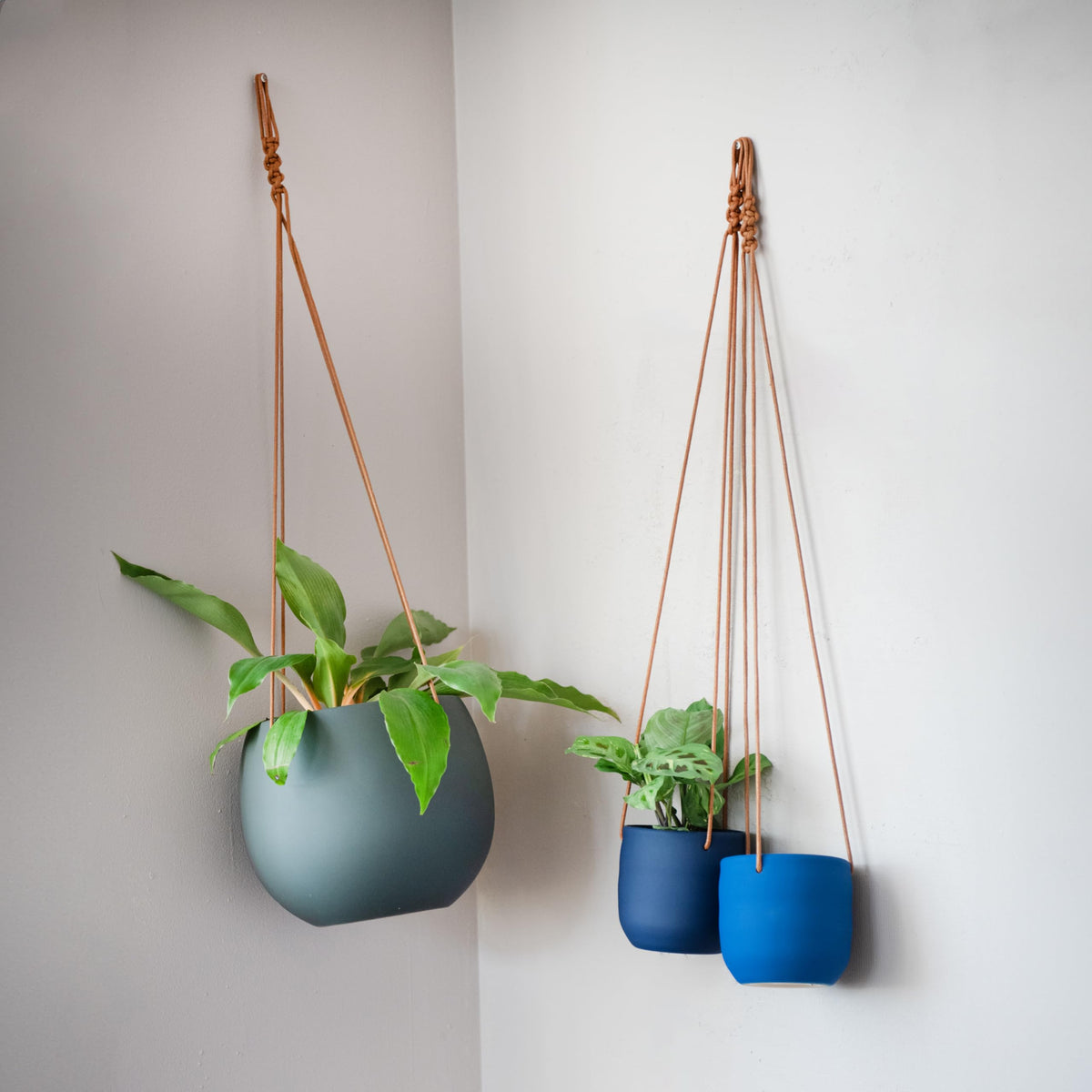 Bloomingville Hanging Stoneware Planter with Leather Rope Hanger, Latex Finish, Blue