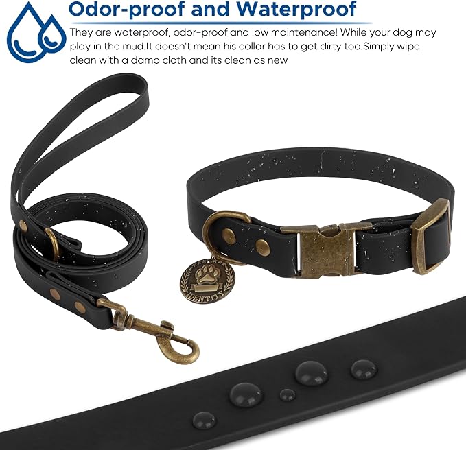 Wisedog Waterproof Dog Collar and Leash Set, XL, Black | Adjustable Puppy Collar, Cute Tag, 6FT Dog Leash, Poop Bag Included, Small Medium Large Dogs