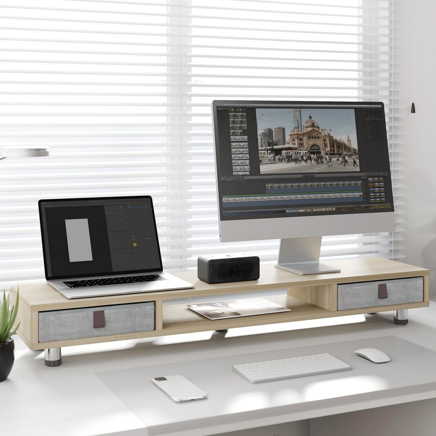 Fenge Monitor Stand, Dual Monitor Stand with 2 Drawers, Monitor Riser for 2 Monitors, Adjustable Height Computer Stand, Office Monitor Stands for Desk, Laptop, PC, TV, Printer