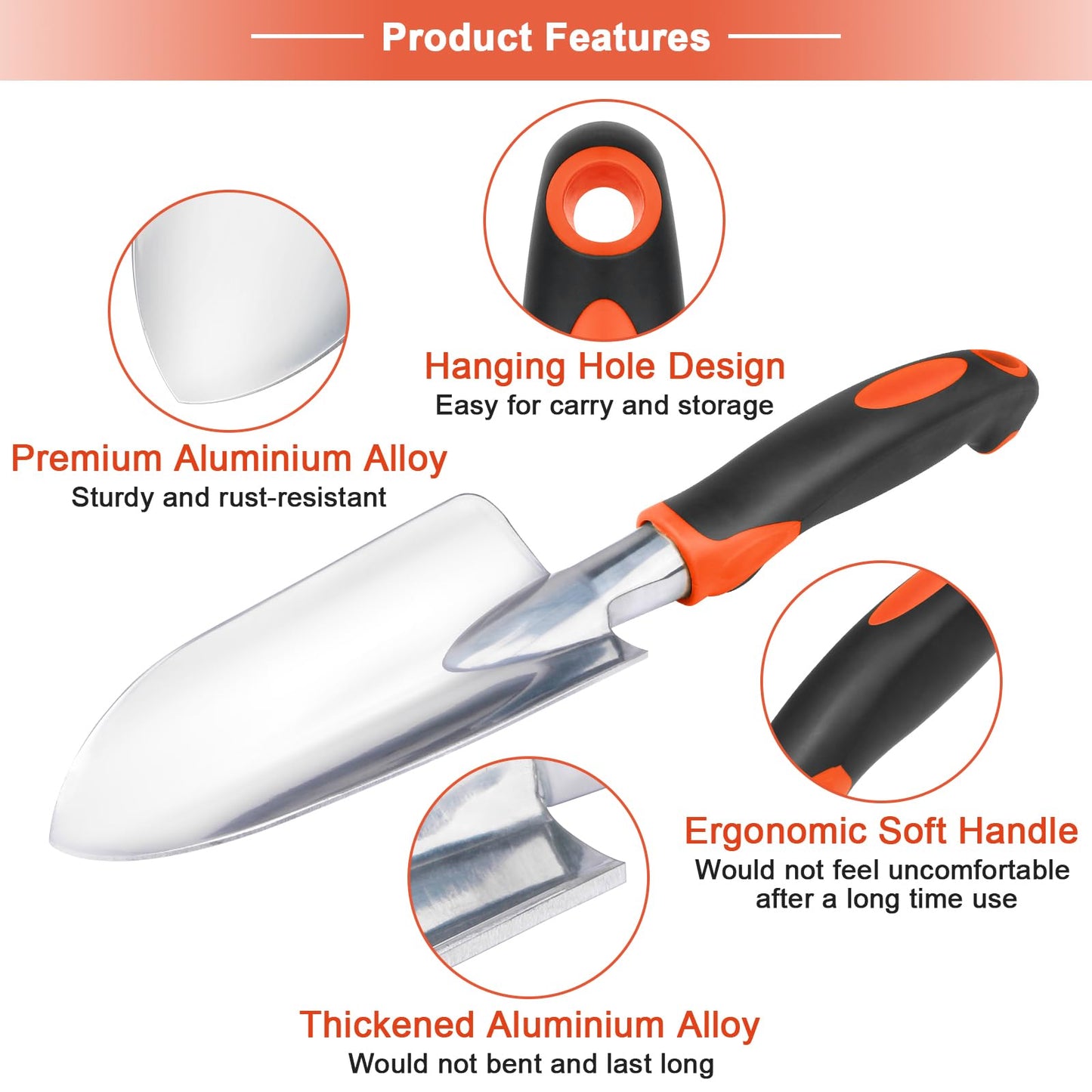 Garden Tools Set, 3 Pack Heavy Duty Gardening Tools Set Include Garden Shovel, Transplant Trowel and Hand Rake with Ergonomic Handle, Aluminum Alloy Lawn for Planting, Orange