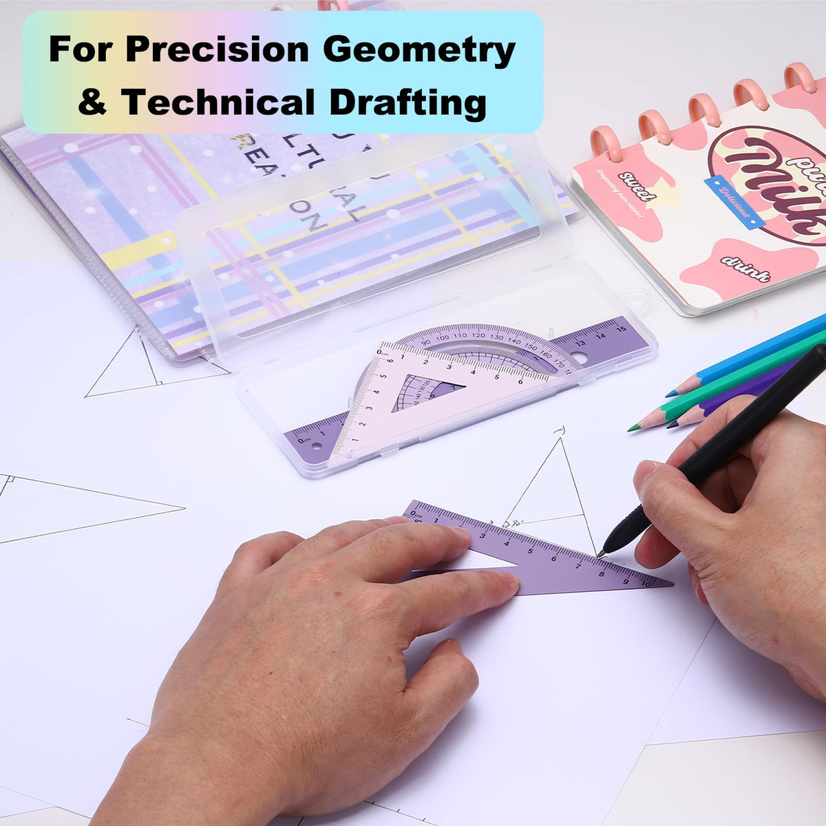 PATIKIL Geometry Set, 2 Pack 8 Inch Aluminum Ruler & 4 Triangles, Metal Protractor Ruler Math Drafting Measuring Tool for Home Office Math Drawing Engineering Art,Gradient Green