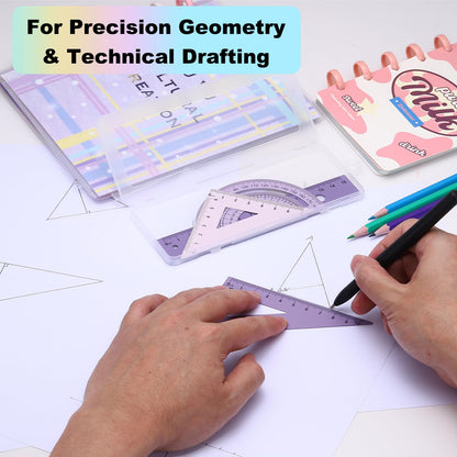 PATIKIL Geometry Set, 2 Pack 8 Inch Aluminum Ruler & 4 Triangles, Metal Protractor Ruler Math Drafting Measuring Tool for Home Office Math Drawing Engineering Art,Gradient Blue