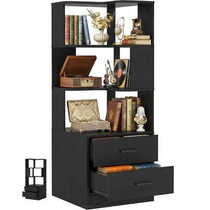 Armocity Corner Bookshelf with Drawers, 6 Tier Corner Book Shelf Display Bookcase, Freestanding L Shaped Bookshelf for Bedroom, Living Room, Home Office, Black
