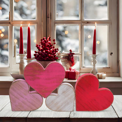 COCHIE Wooden Hearts Valentines Decorations Indoor, Wood Heart Blocks Tiered Tray Decor Set of 4, Red Pink White Valentine Decoration for Home Party Office Shelf Door (Retro)