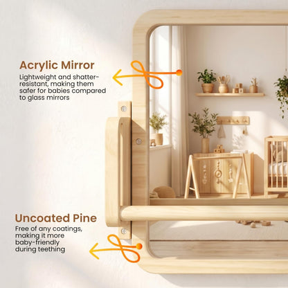 Woodtoe 3-in-1 Montessori Mirror with Bar, Adjustable Toddler Mirror & Pull Up Bar, Montessori Learning Toy for Baby 6-18 Months, Nursery Mirrors, Natural Wood Furniture for Daycare, Kids Classroom