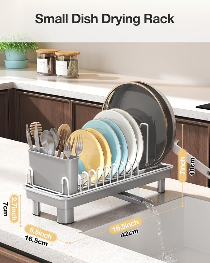 Dish Rack, Carbon Steel Small Dish Drying Rack Rustproof for Kitchen Counter, Compact Space-Saving Dish Drainer with Adjustable Slots for Small Kitchens & Apartments, 16.5×6.5×7inch, Grey