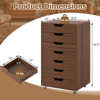 Giantex 7-Drawer Storage Cabinet, Mobile File Organizer with 4 Universal Casters, Wooden Vertical Filing Cabinet on Lockable Wheels for Office, Study, Living Room (19” x 15.5” x 34.5”,Walnut)