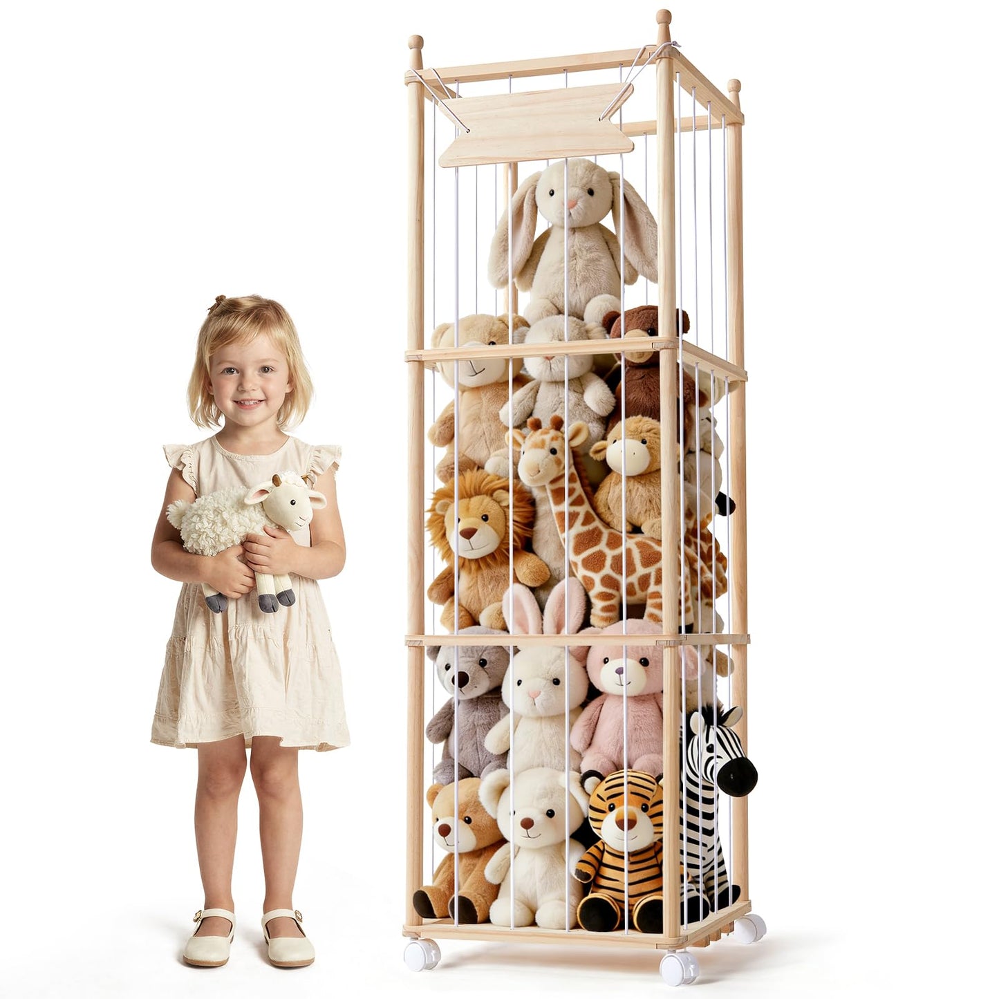 Ostutry Stuffed Animal Storage with Wheels - Wood Stuffed Animals Organizer Holder Zoo Large Capacity Plush Toy Cage with Elastic Band for Playroom, Bedroom, Nursery