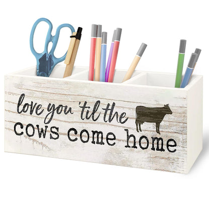 URLLUAE Funny Cow Wooden Pen Pencil Holder for Office Desk Accessories, Cow Lover Gifts, Love You 'Til the Cows Come Home Makeup Brush Toothbrush Holder Organizer for Bathroom